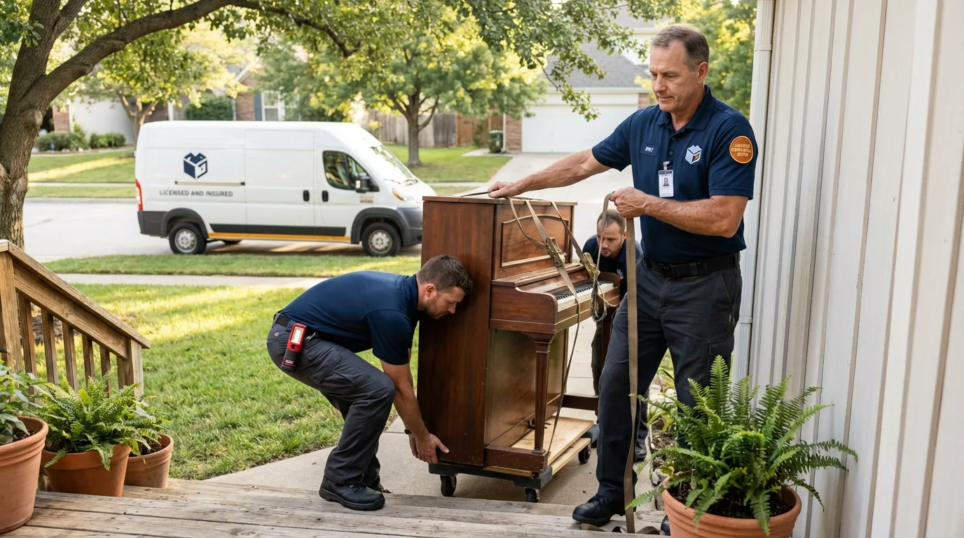 Licensed piano movers securing grand piano in Trenton, TN