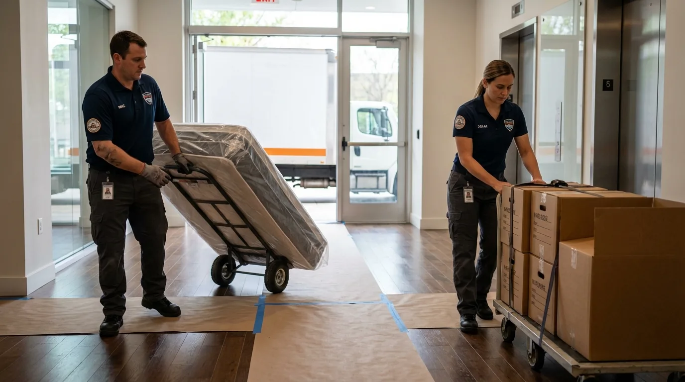 Professional apartment movers loading elevator in Trenton, TN