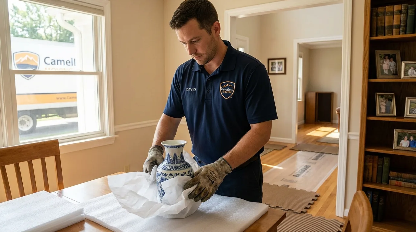 Professional crew carefully wrapping antique vase for senior downsizing move in Trenton, TN